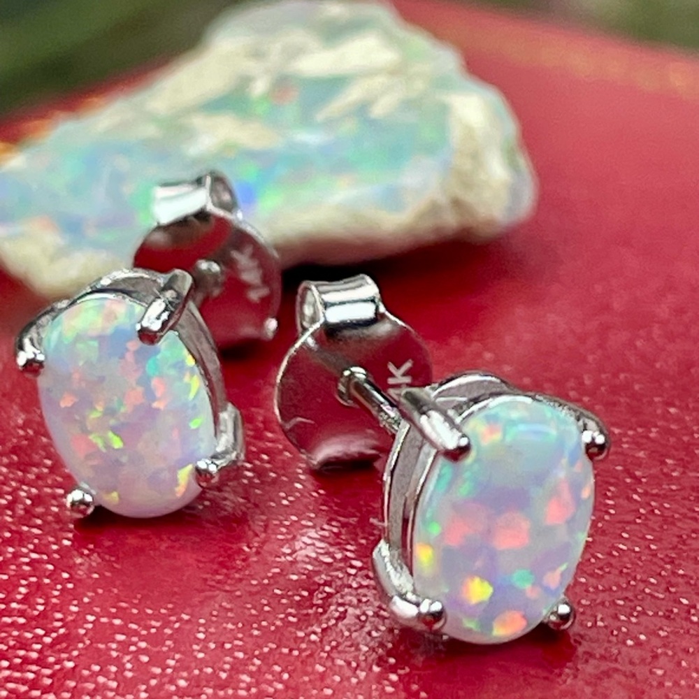 14K 2ct Australian‼️ Opal White Gold Earrings - Picture 6 of 16
